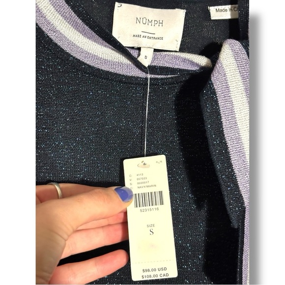 Anthropologie NUMPH Sparkly Navy with White Accents Short Sleeve Tie Collar Top - Picture 11 of 16